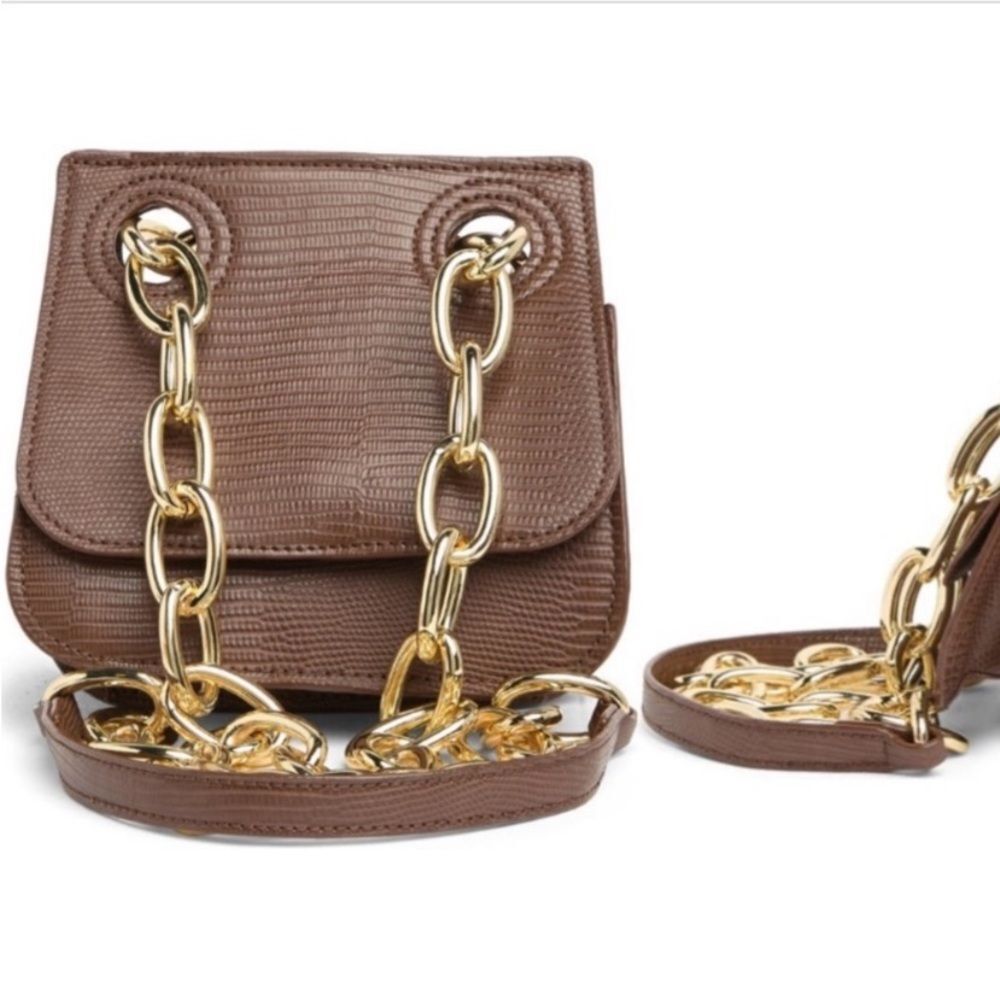 House of Want Brown Lizard Embossed Vegan Shoulder Bag w/ Gold Chain NEW